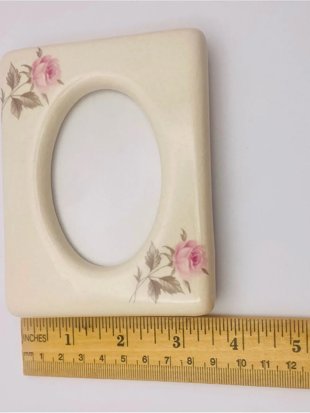 Ceramic Ivory Photo Frame with Pink Rose Accents
